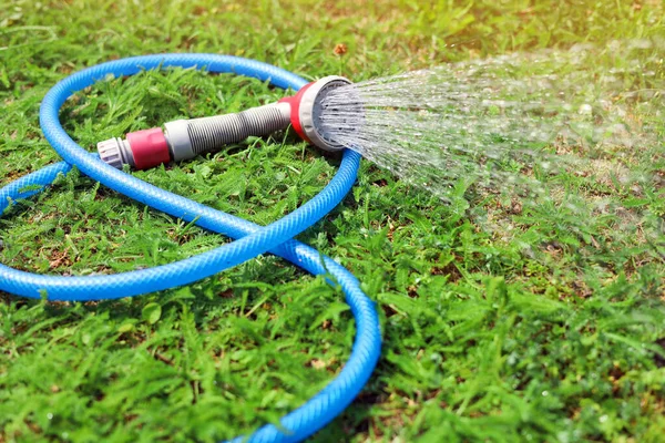 Water Spraying Hose Green Grass Outdoors — Stock Photo, Image