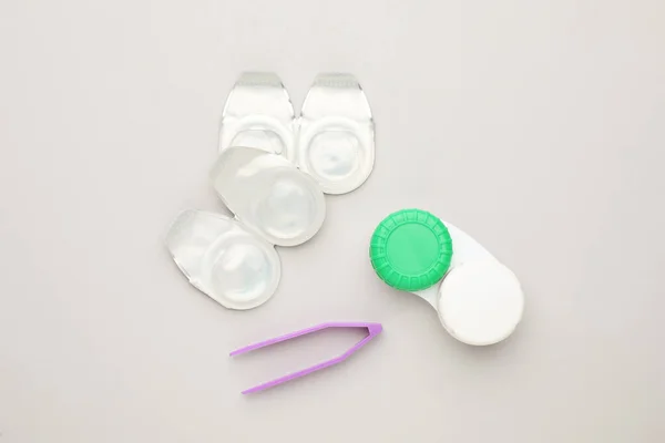 Packages Contact Lenses Case Tweezers White Background Flat Lay — 图库照片