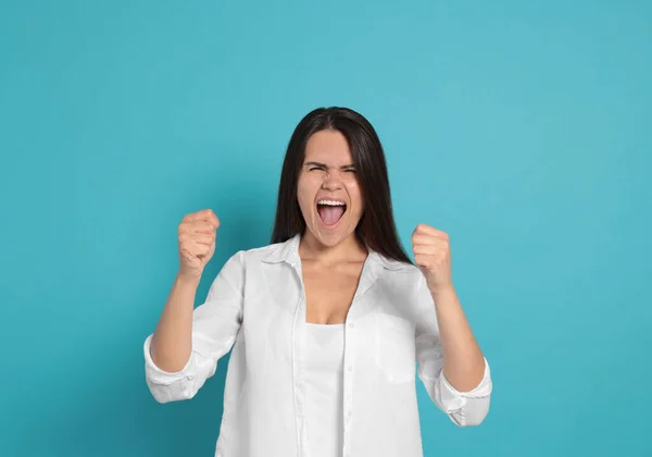 Aggressive Young Woman Shouting Turquoise Background — 图库照片
