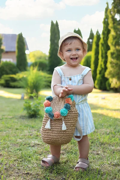 Cute Little Girl Stylish Clothes Knitted Backpack Outdoors Sunny Day — Foto Stock