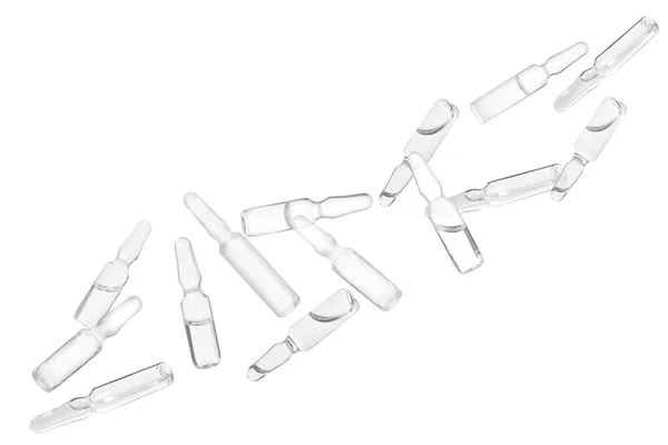 Many Glass Ampoules Pharmaceutical Products Falling White Background — Stockfoto
