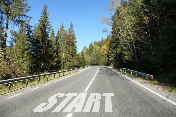 Asfalt Road Word Începe Înconjurat Pădure Ziua Însorită — Fotografie, imagine de stoc