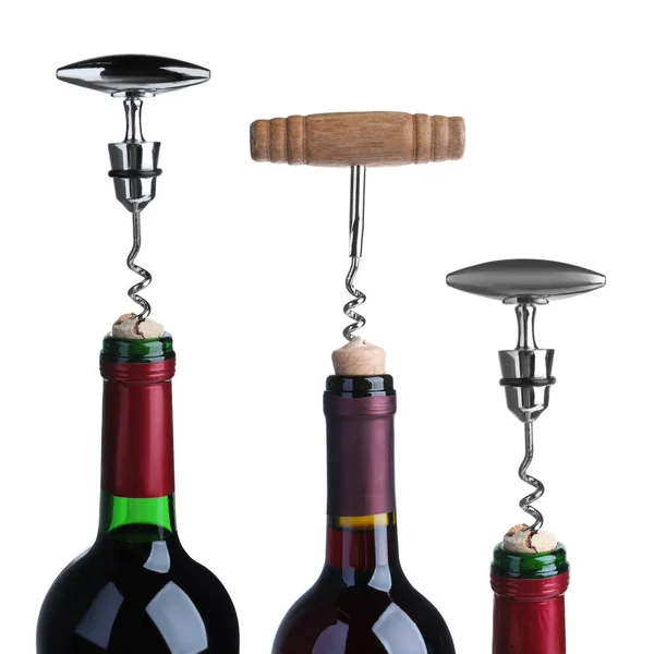 Opening Bottles Wine Corkscrews White Background — Stockfoto