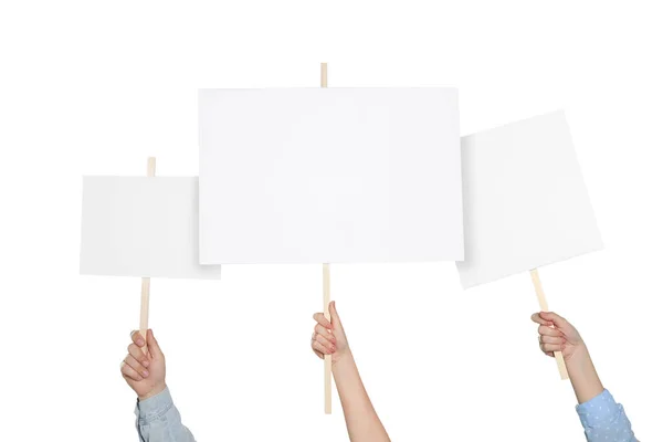 Group People Holding Blank Protest Signs White Background Closeup — Φωτογραφία Αρχείου
