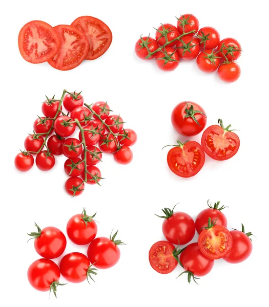 Set Tasty Ripe Cherry Tomatoes White Background Top View — 스톡 사진