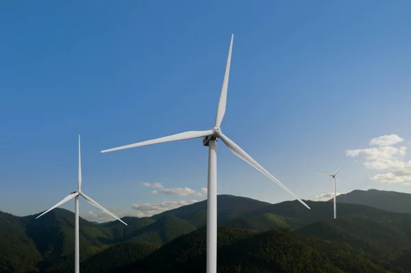 Modern Wind Turbines Mountains Sunny Day Alternative Energy Source — Stockfoto