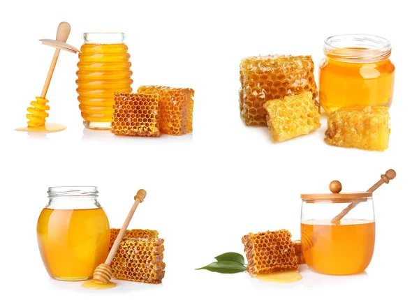 Set Fresh Delicious Honey White Background — Stockfoto
