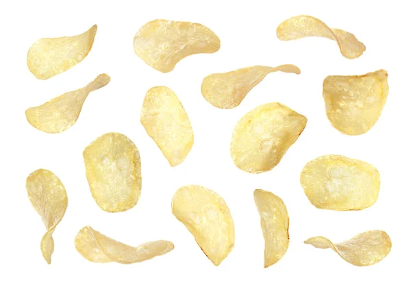 Set Fried Crispy Potato Chips White Background — Stock Photo, Image