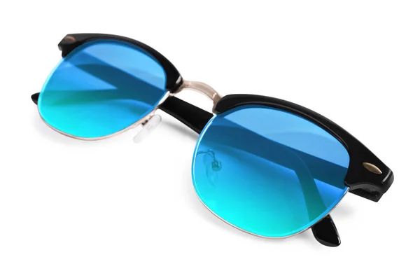 Stylish Sunglasses Light Blue Lenses White Background — Foto Stock