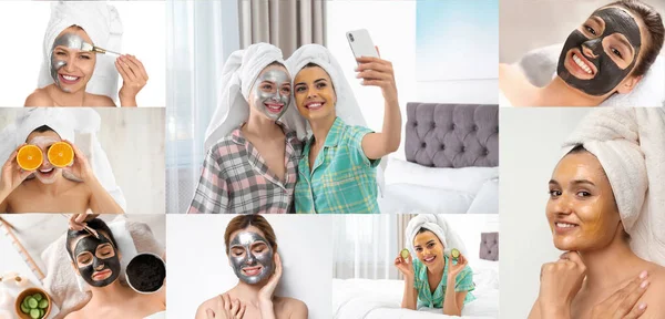 Collage Con Foto Donne Con Maschere Detergenti Idratanti Volti Design — Foto Stock