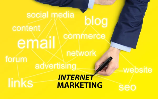 Internet Marketing Verschillende Woorden Zakenman Met Marker Gele Achtergrond Bovenaanzicht — Stockfoto