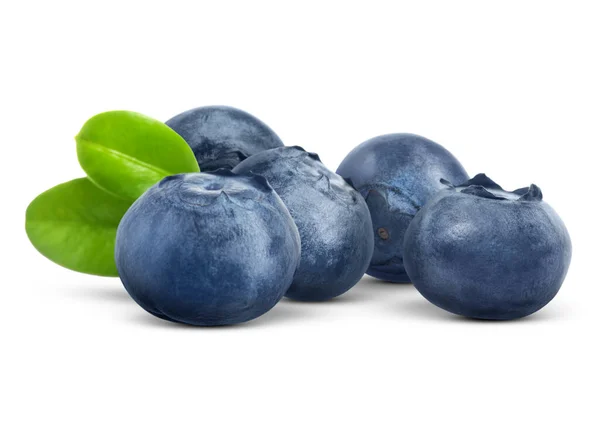 Tasty Fresh Ripe Blueberries Green Leaves White Background — Foto de Stock