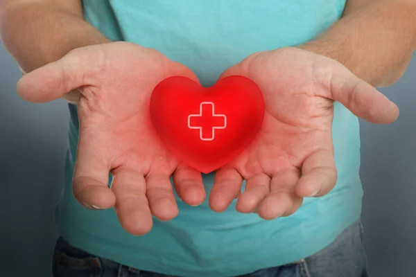 Man Holding Red Heart Hands Color Background Closeup Blood Donation — Stockfoto