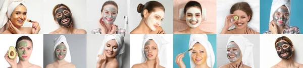 Collage Photos Women Cleansing Moisturizing Masks Faces Banner Design — Stockfoto