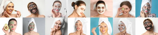 Collage Photos Women Cleansing Moisturizing Masks Faces Banner Design — 스톡 사진