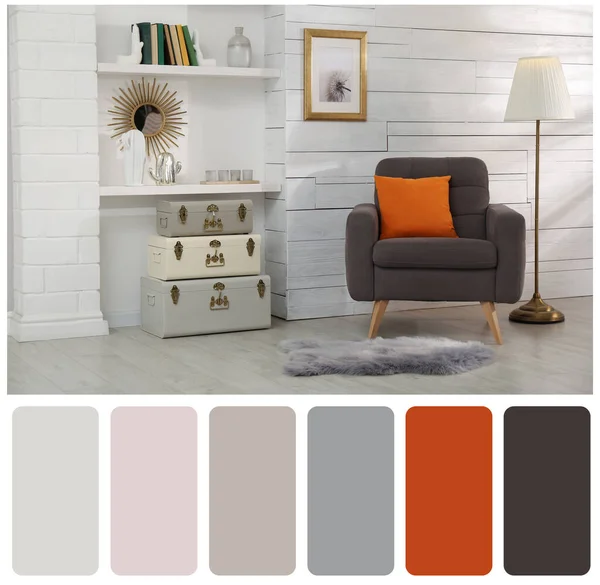 Color Palette Photo Stylish Room Interior Comfortable Armchair Collage — 스톡 사진