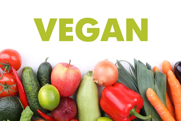 Word Vegan Fresh Vegetables Fruits White Background Flat Lay — Zdjęcie stockowe