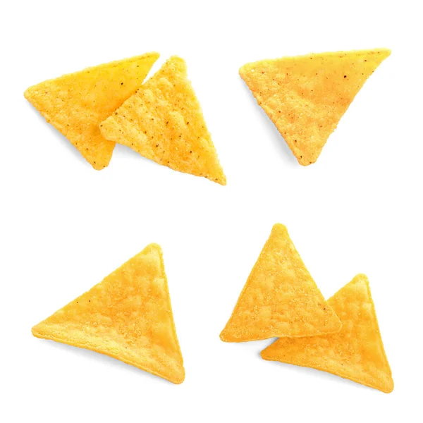 Set Con Gustose Tortilla Chips Nachos Sfondo Bianco Vista Dall — Foto Stock