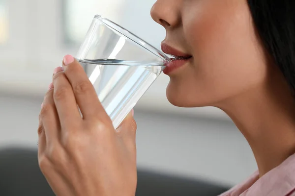 Young Woman Drinking Water Indoors Closeup Refreshing Drink —  Fotos de Stock