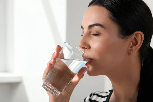 Beautiful Young Woman Drinking Water Indoors Closeup Refreshing Drink — Foto de Stock
