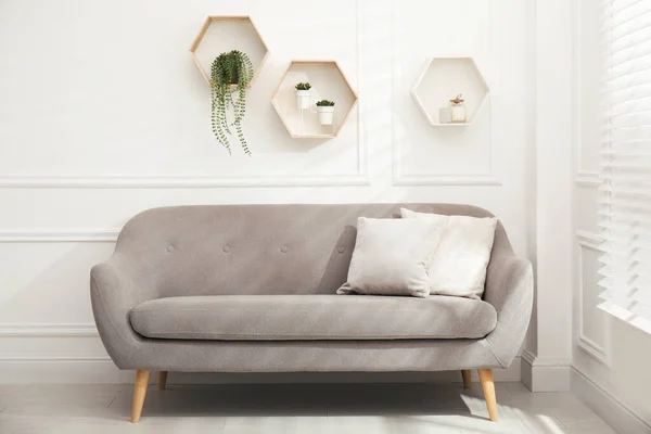 Honeycomb Shaped Shelves Decorative Elements Houseplants White Wall Room — Stockfoto