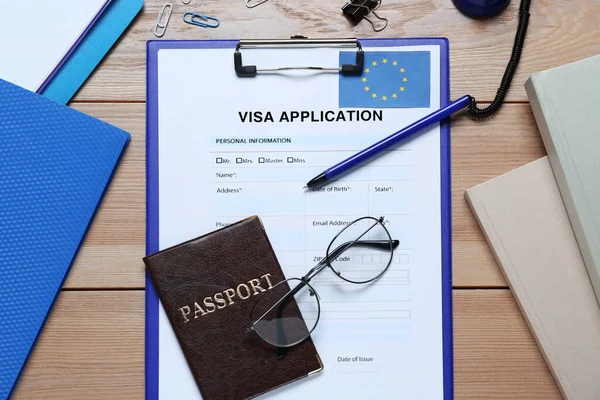 Visa Application Form Immigration European Union Passport Glasses Stationery Wooden — ストック写真