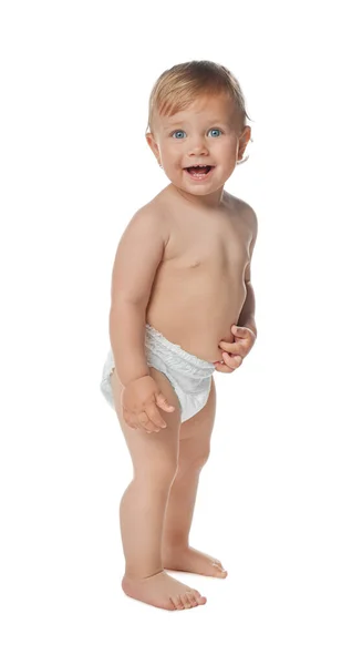 Lindo Bebé Pañal Aprendiendo Caminar Sobre Fondo Blanco — Foto de Stock