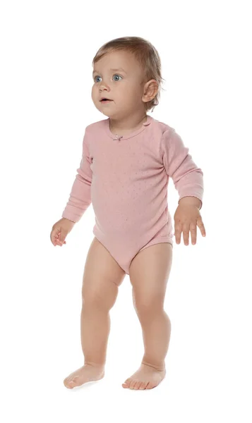 Cute Baby Girl Pink Bodysuit Learning Walk White Background —  Fotos de Stock