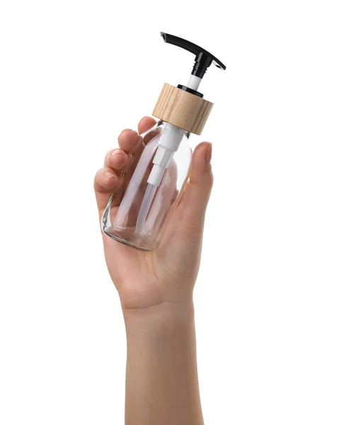 Woman Holding New Empty Glass Bottle Pump Dispenser Isolated White — стоковое фото