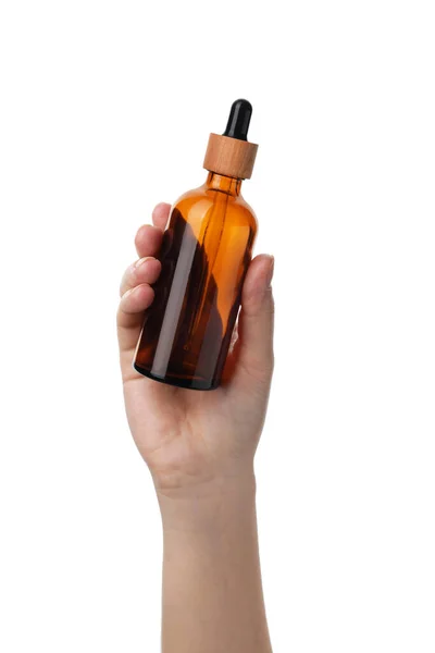 Woman Holding Glass Bottle Dropper Isolated White Closeup — Stock fotografie