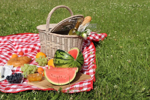 Manta Piquenique Com Deliciosa Comida Vinho Livre Dia Verão Espaço — Fotografia de Stock