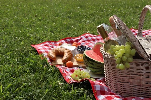 夏日户外带着美味食物和葡萄酒的野餐毯 — 图库照片