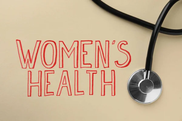 Words Women Health Stethoscope Beige Background Top View — ストック写真