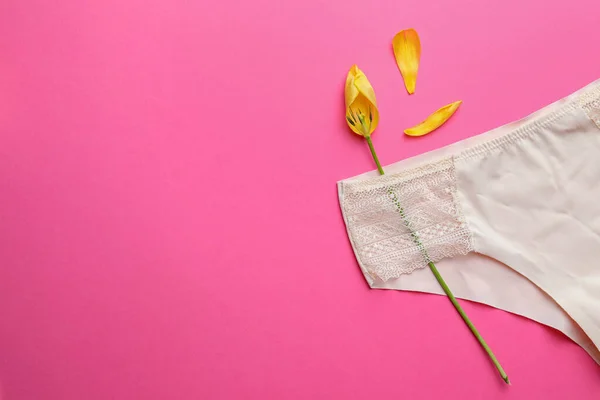 Yellow Tulip Panties Pink Background Top View Space Text Menopause — Foto Stock
