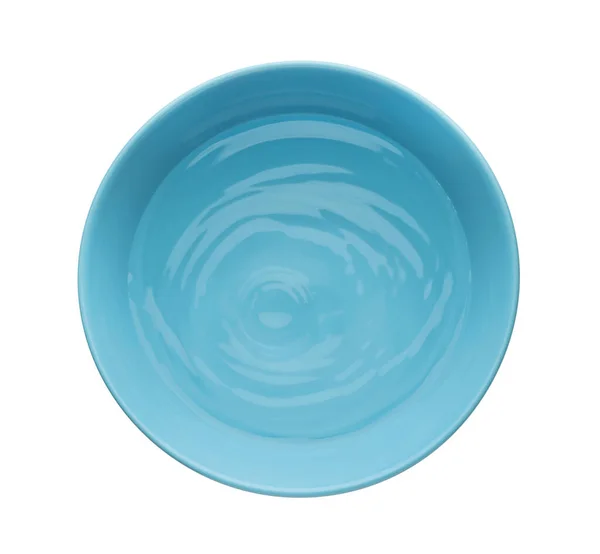Tigela Cerâmica Azul Com Água Clara Isolada Branco Vista Superior — Fotografia de Stock