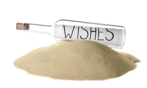 Corked Glass Bottle Wishes Note Sand White Background — Stock Photo, Image