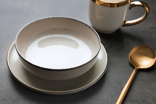 Stylish Empty Dishware Spoon Grey Table Closeup — Fotografia de Stock