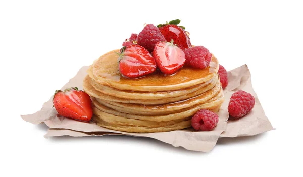 Tasty Pancakes Fresh Berries Honey White Background — Stok Foto