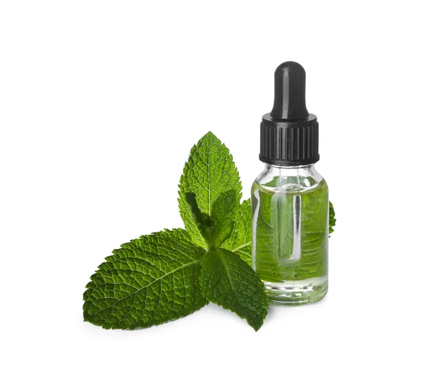 Bottle Essential Oil Mint White Background — Stock Photo, Image