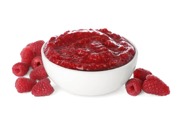 Raspberry Puree Bowl Fresh Berries White Background — Stock Photo, Image