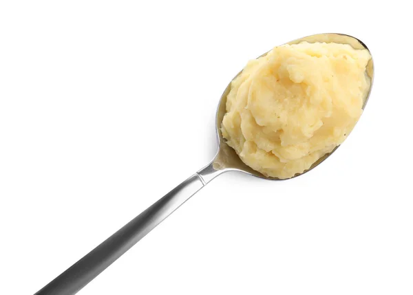 Spoon Tasty Mashed Potatoes Isolated White Top View — Foto Stock