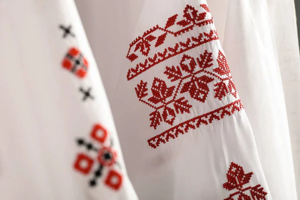 Beautiful Shirts Different Embroidery Designs Closeup Ukrainian National Clothes — Fotografia de Stock
