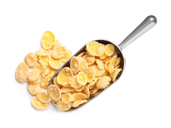 Metal Scoop Tasty Crispy Corn Flakes White Background Top View — Stockfoto