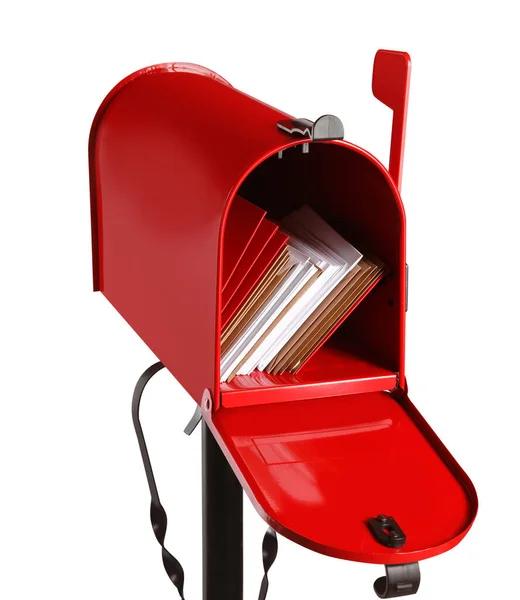 Boîte Aux Lettres Rouge Avec Enveloppes Isolées Sur Blanc — Photo
