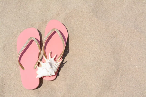 Eleganti Infradito Rosa Conchiglia Sulla Spiaggia Sabbia Piatta Spazio Testo — Foto Stock
