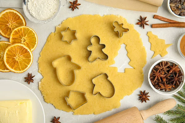 Flat Lay Composition Dough Cookie Cutters Light Table Christmas Biscuits — 图库照片