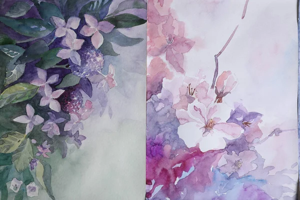 Papírové Listy Krásnými Květinovými Akvarely Detailní Záběr — Stock fotografie