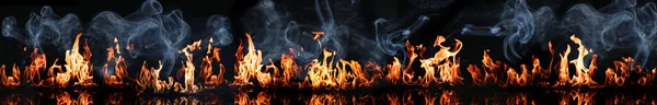 Bright Fire Flames Smoke Black Background Banner Design — 图库照片