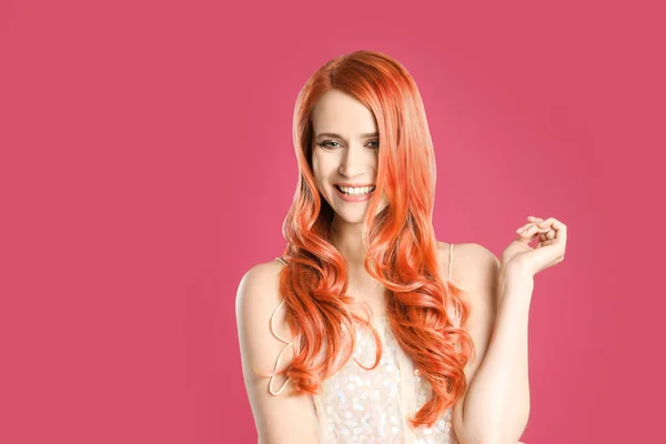 Beautiful Woman Long Orange Hair Pink Background — Stok fotoğraf