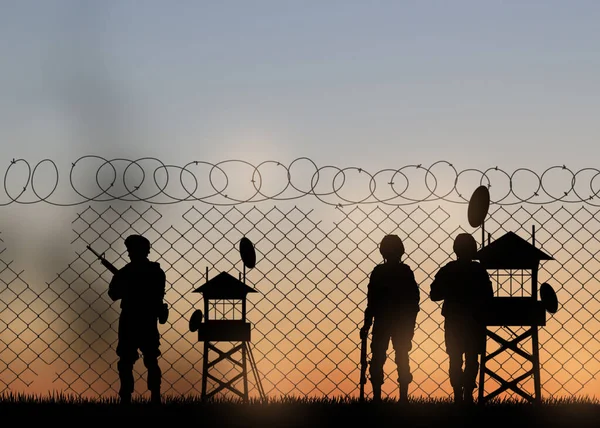 Silhouettes Border Guards Post Outdoors Evening — 스톡 사진